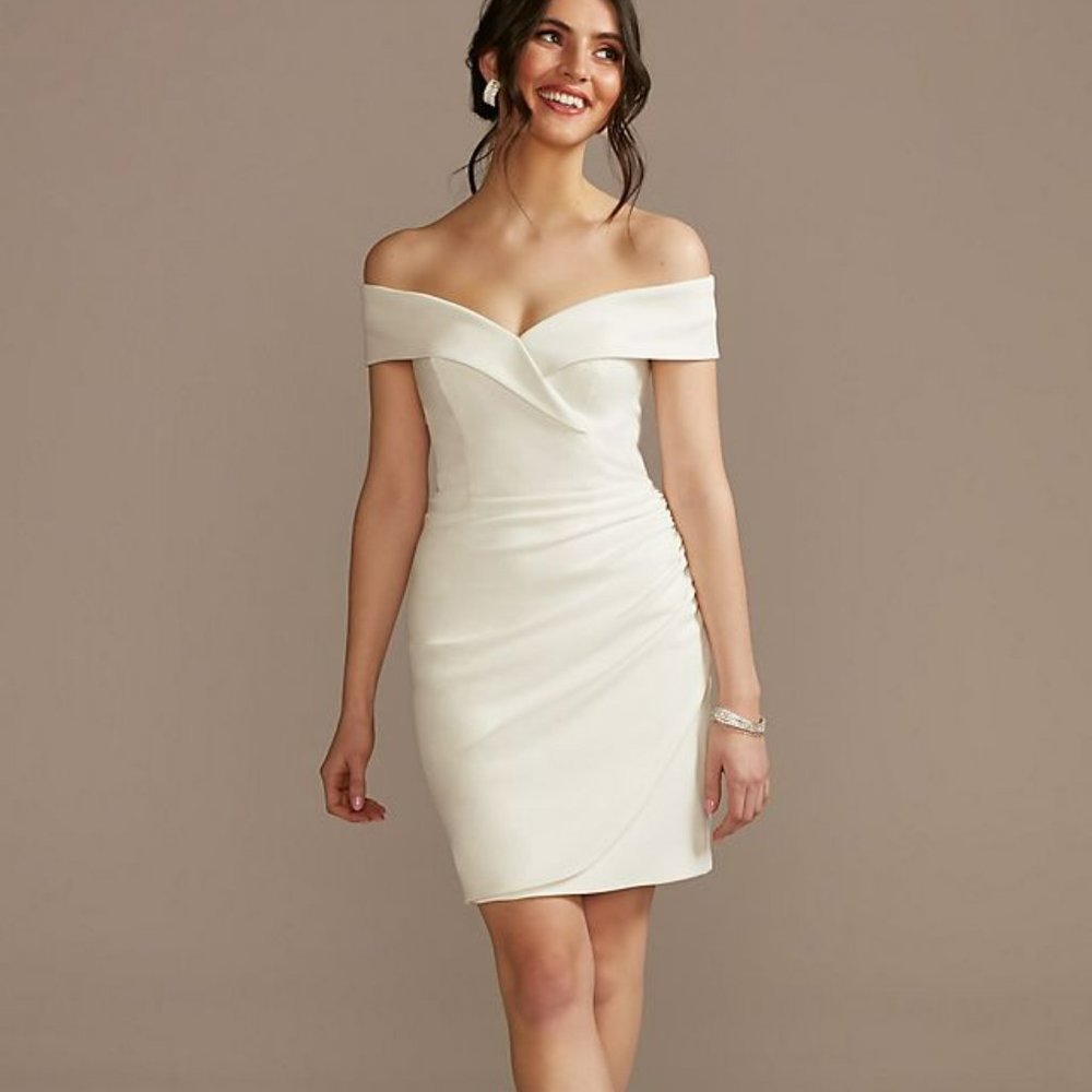 David's Bridal short off shoulder cuff neckline crepe dress